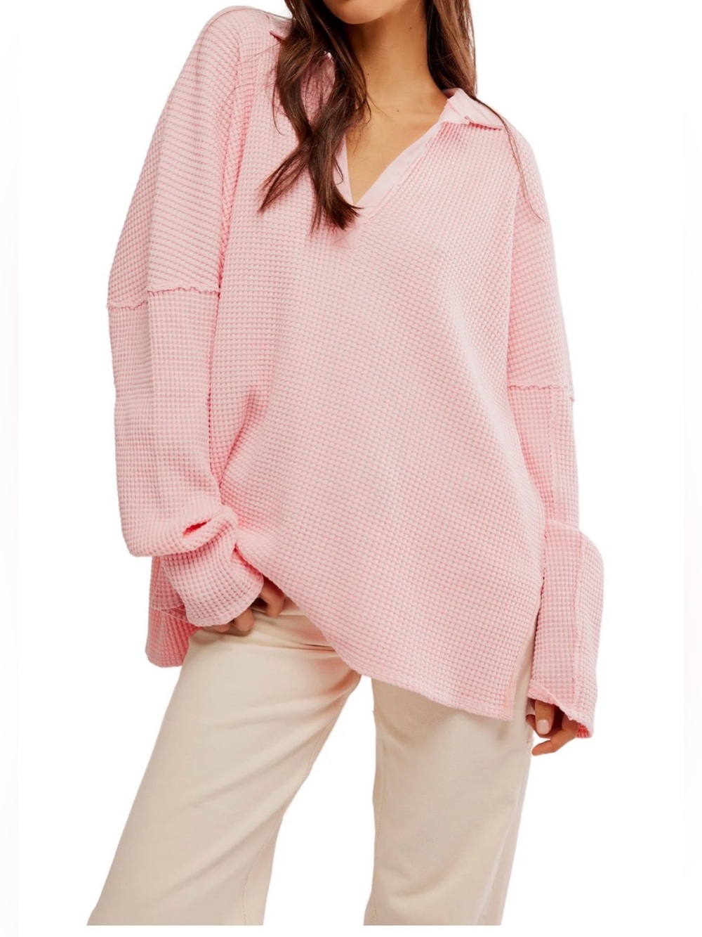 Free People We The Free Travis Thermal Polo Top Pink Oversized Waffle Knit L